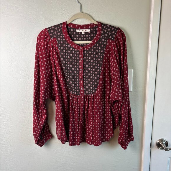 Xirena Burgundy Cotton Boho Blouse Women’s S Lightweight Geometric Print - Picture 1 of 9